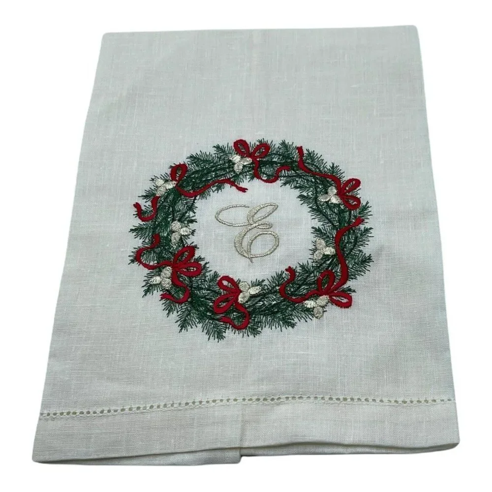 Embroidered Monogram Letter E Christmas Linen Handtowel Wreath Design